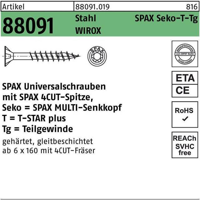 Spax Tx Countersunk Wirox Screws - 6x120mm Pack Of 100
