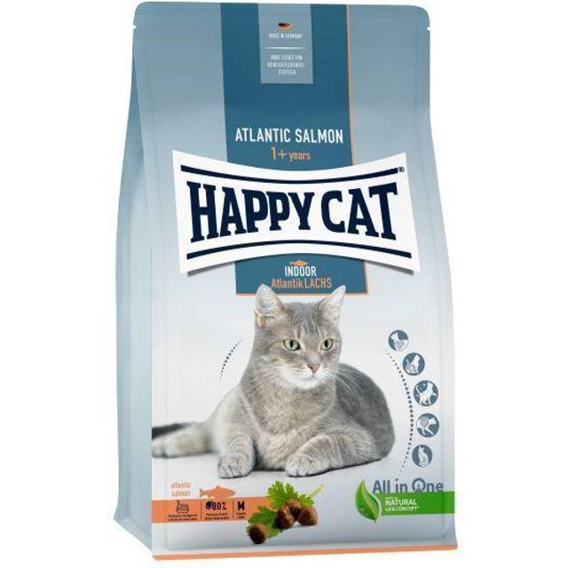Happy Cat Indoor Atlantic Salmon, torrfoder, för vuxna icke-inomhuskatter, atlantlax, 300 g, påse