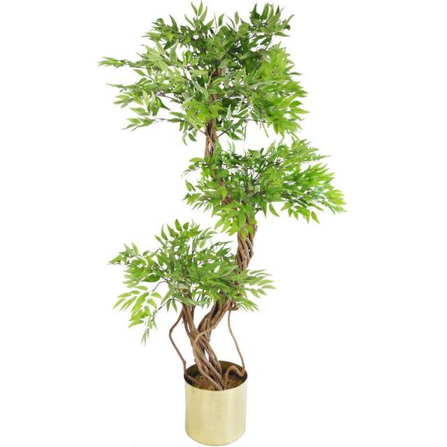 Leaf 140Cm Realistic Artificial Japanese Fruticosa Tree Ficus Tree Gold Metal Brushed Brass Planter, Green