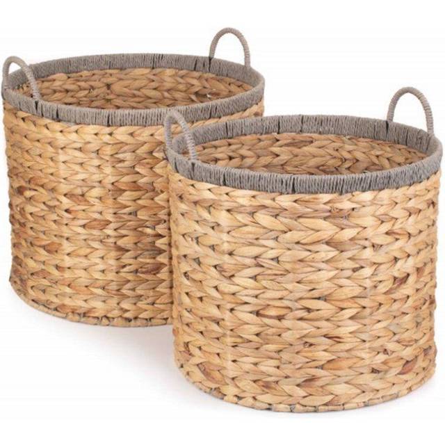 Round Water Hyacinth Basket With Grey Rope Border - Set of 2