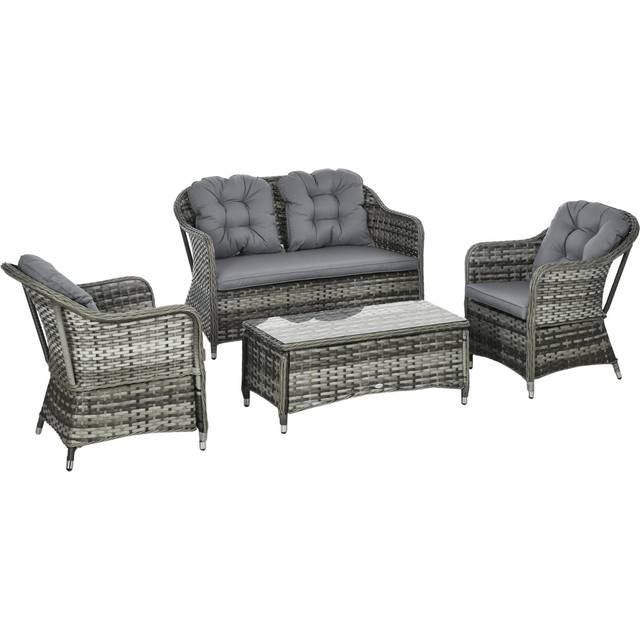 Outsunny Garden Furniture Set, 4 Piece Indoor Outdoor Conservatory with Loveseat Sofa, Armchairs, Glass Top Coffee Table, Cushions for Balcony, Poolsi