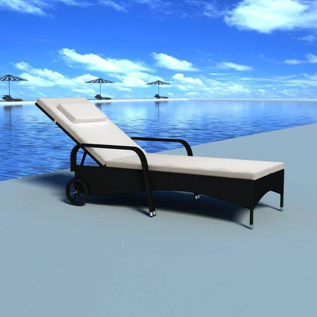 vidaXL Sun Lounger with Wheels Poly Rattan Black, Black