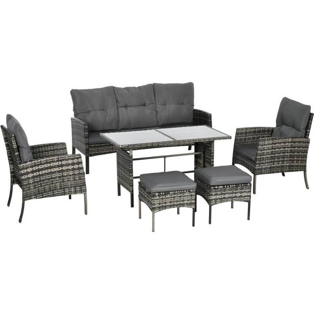 Outsunny 5 Seater Rattan Garden Furniture Set, 2 Armchairs, 3-seater Wicker Sofa, 2 Footstools Glass Table 6 Piece Patio Sofa Sets For Conservatory