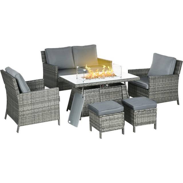 Outsunny Rattan Garden Furniture Sofa Set Armchairs Footstools Fire Pit Table