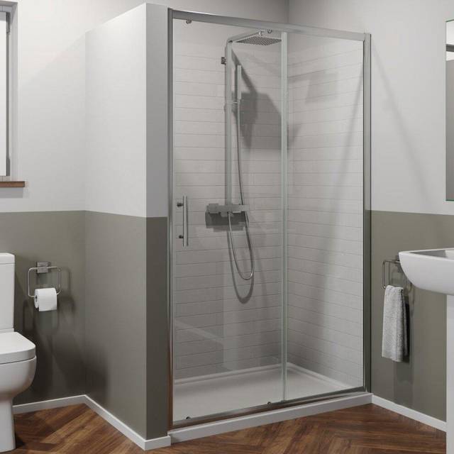 1100 x 800mm Sliding Shower Door Enclosure 6mm Glass Chrome Framed Tray Waste - Clear