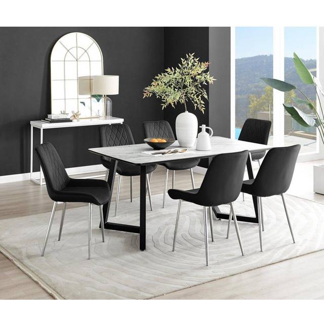 Carson White Marble Effect Dining Table and 6 Pesaro Silver Chairs - Black