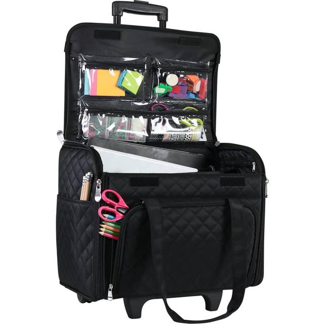 Everything Mary Teacher Rolling Tote  Black Quilted - Wheeled Teacher Tote Bag - Trolly for Teaching  Office  Craft  & Cleaning Supplies