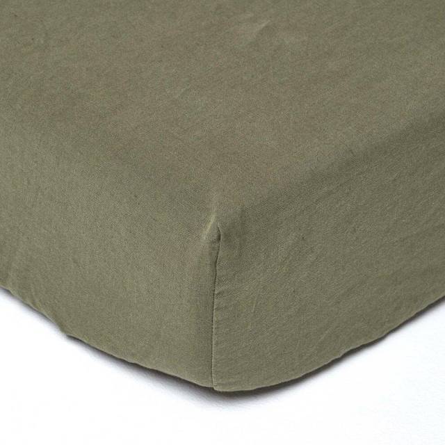 Homescapes French Flax Linen & Luxury Cotton Double Fitted Sheet, 46 cm Deep, Khaki Green, Elasticated, OEKO-TEX Certified, Machine Washable, 180 GSM