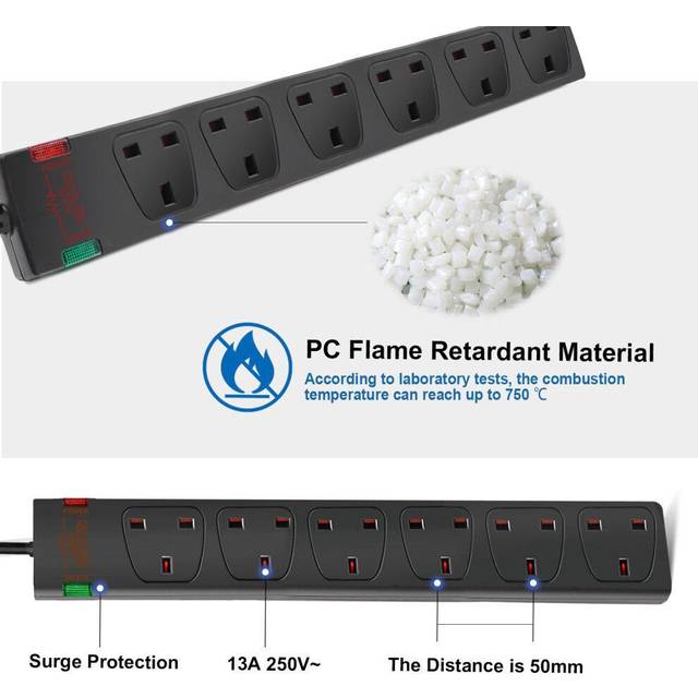 6 Gang Surge-Protected Extension Lead - Black / 2m