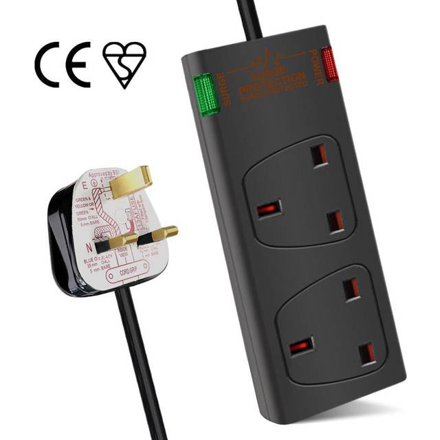 ExtraStar 2 Way Double Socket Power Mains Extension Lead 2M Metre Cable - Surge Protected British Approved 13A - Black