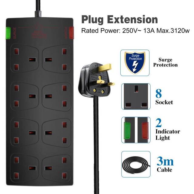 EXTRASTAR 8 Way Extension Leads with Surge Protection, 13A 3120W Approved British UK Wall Mounted Power Strips with 3 Metre,Black