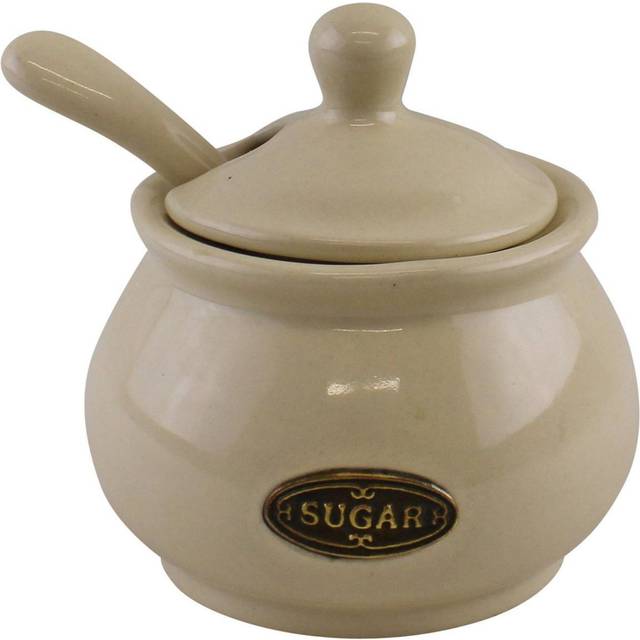 Country Cottage Cream Ceramic Sugar Bowl With Lid & Spoon
