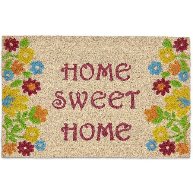 "Relaxdays Coir Doormat ""Home Sweet Home"" 40 x 60 cm Welcome Mat with Flower Pattern and Anti-Slip PVC Underside Cute Floor Mat, Brown"