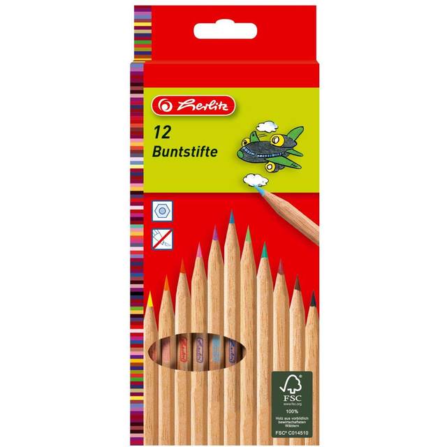 Herlitz FSC Wood 10ÂJumbo Colouring Pencils Varnished in Hanging Box 10ÂPieces in Hanging BoxÂâÂ10ÂColours 12Â-Colour Natural