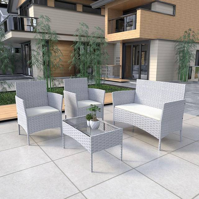 Rattantree - Outdoor Furniture 4 Pieces pe Rattan Patio Set with Armchairs Double Sofa Table Cushion Grey