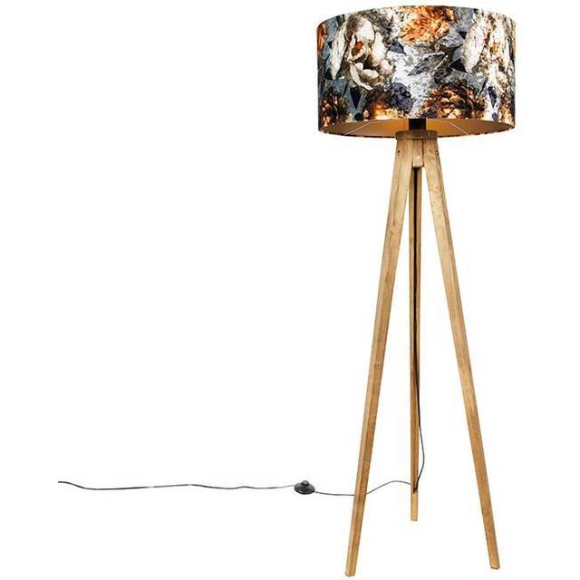 Qazqa - Vintage Floor Lamp Wood Lampshade Floral Design 50 cm - Tripod Classic