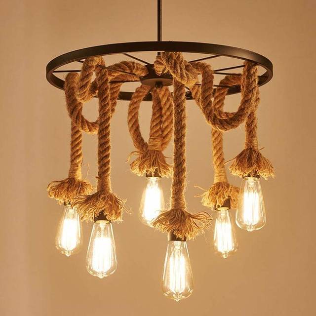 Industrial Chandelier Vintage Hemp Rope Pendant Light Creative Wheel 6 Lights Ceiling Lamp for Living Room Loft Restaurant Bar Decorative