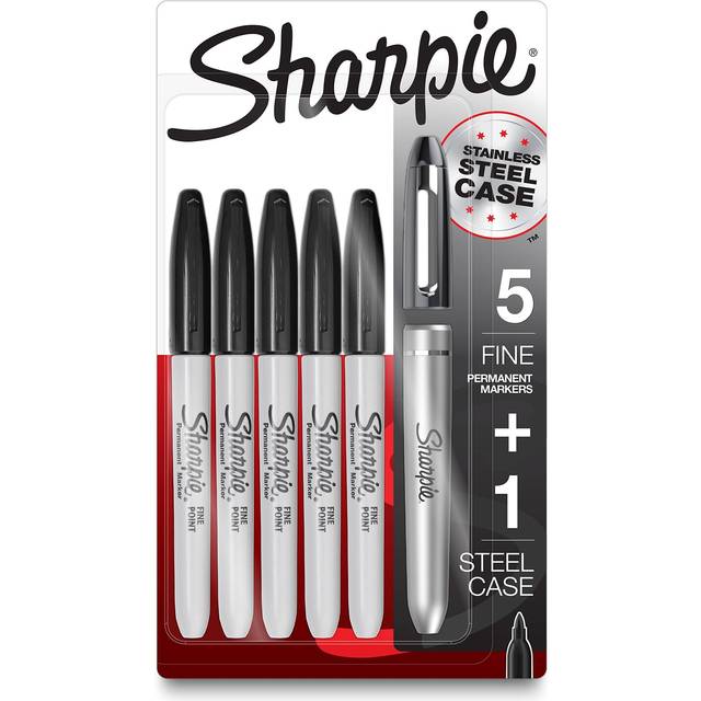 SHARPIE Permanent Markers with Stainless Steel Marker Case  Fine Point  Black  6 Count