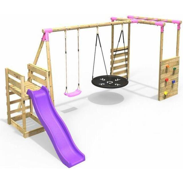 (Monkey Bars plus Deck & 6ft Slide - Meteortie, Pink) Rebo Wooden Children's Swing Set with Monkey Bars plus Deck & 6ft Slide