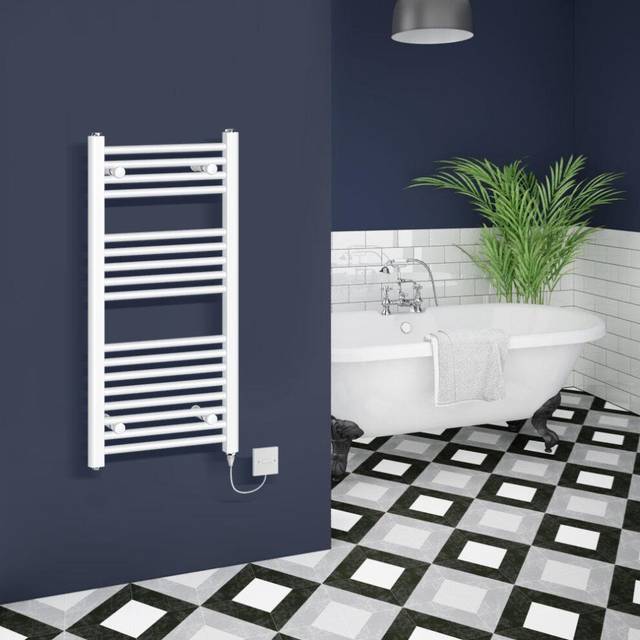 (900x450mm - 300W) WarmeHaus Electric Heated Towel Rail Prefilled White Bathroom Ladder Radiator Straight