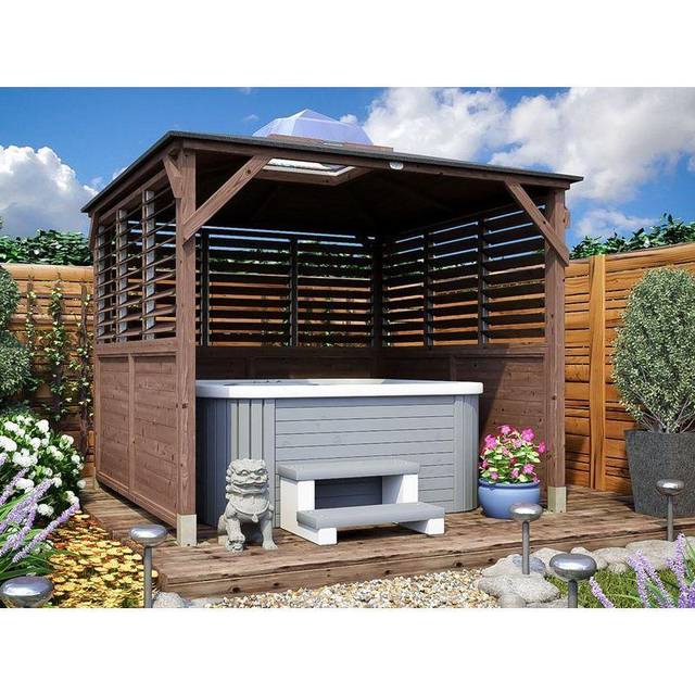 Dunster House Wooden Gazebo 2.5M X 2.5M Erin Half Height Solid Wall Half Louvre, Brown
