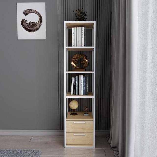 Robbins 4-Tier Bookshelf with Cabinets - Sapphire Oak Pattern&White - Yellow
