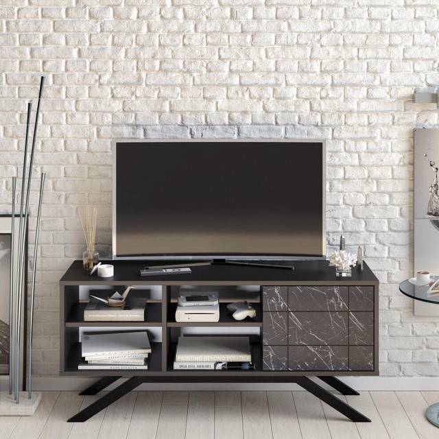 Decorotika North TV Stand and Media Console,Black and Marble