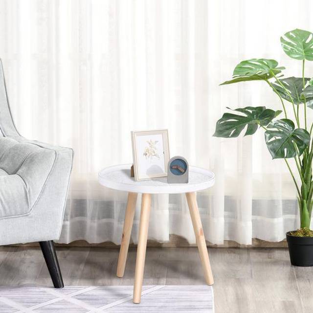 Saucer Top Coffee Table with Solid Wood Legs White