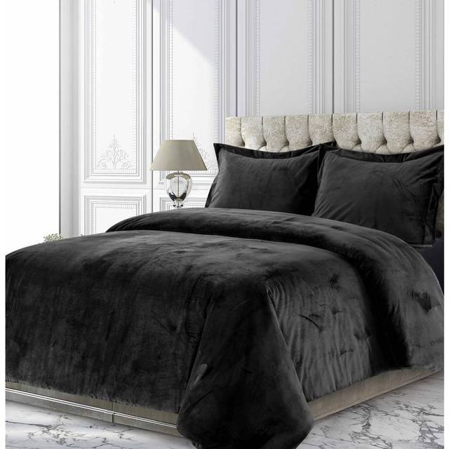 Tribeca Living Venice Velvet Oversized Duvet Set  Luxurious 3-Piece King Bedding  Super Soft Velvet with Hidden Button Closure  Steel Grey