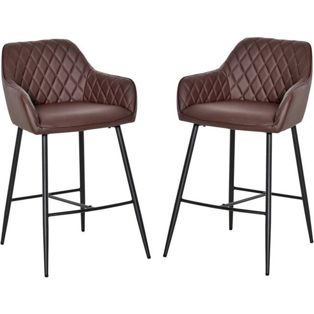 Homcom Set Of 2 Bar Stools With Backs Retro Pu Leather Bar Chairs W/ Footrest Metal Frame Comfort Support Stylish Dining Seating Home Brown