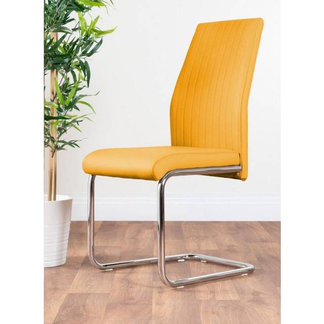 2x Dining Chairs Lorenzo Kitchen Chairs Upholstered Faux Leather and Chrome Legs - Mustard - Yellow