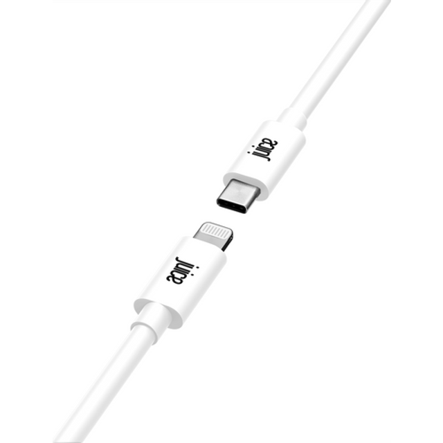 Juice JUI-CABLE-LIGHT-TYPEC-2M-RND-WHT. Cable length: 2 m Connector 1: Lightning Connector 2: USB C. Certification: MFI. Weight: 40 g. Quantity per pack: 1 pc(s) Package width: 149 mm Package depth: 204 mm