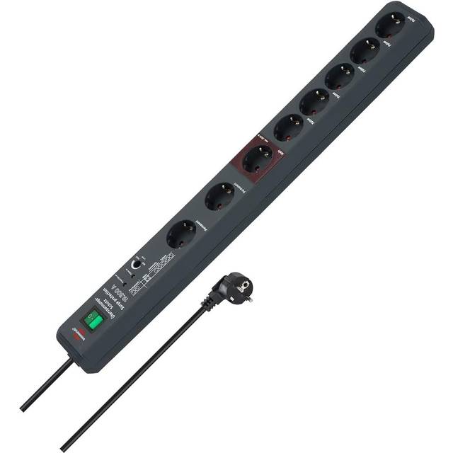 Brennenstuhl Secure-Tec 8-vägs grenuttag med överspänningsskydd och huvudföljningsfunktion (förlängningssladd med 3m kabel och strömbrytare) antracit