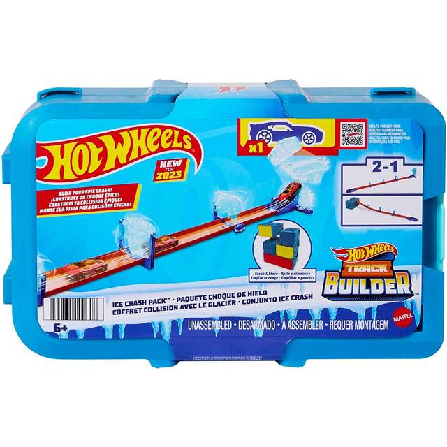 Track Set with 1 Hot Wheels Car, Ice-Themed Track Building Set with 10 Track Pieces in a Modular and Stackable Storage Box, HKX40