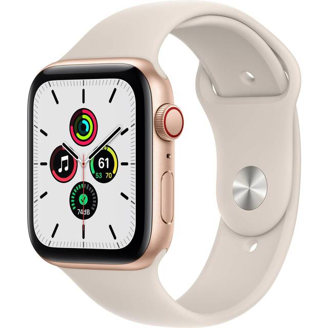 Apple Watch SE (andra generationen) GPS + Cellular 44 mm Smart klocka med boett i stjärnglans aluminium och Sportloop i blågrön. Tränings- och sömnmätare, kraschdetektering, koldioxidneutral