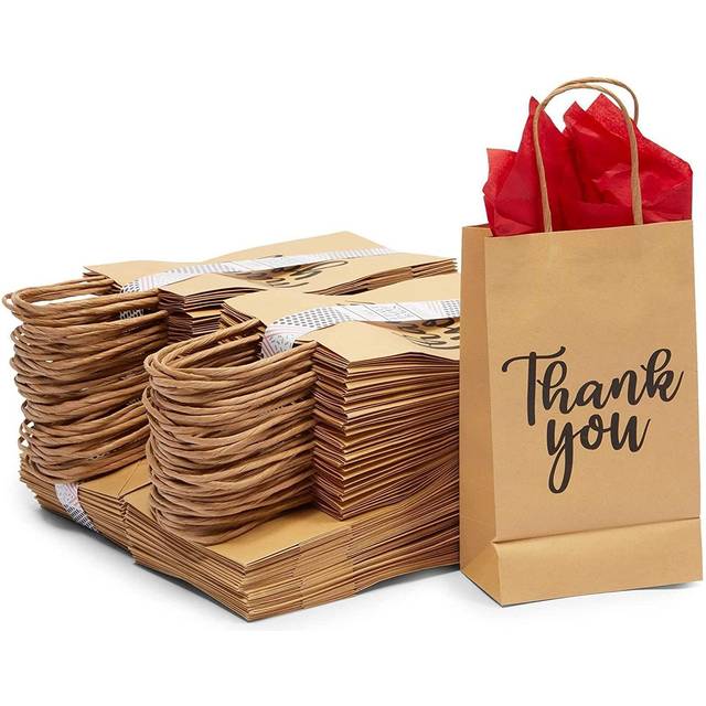 Sparkle and Bash 100-Pack Small Thank You Gift Bags with Handles  Brown Kraft Paper Bulk Bags for Weddings  Birthday Party Favors  Gift Wrapping  Reta