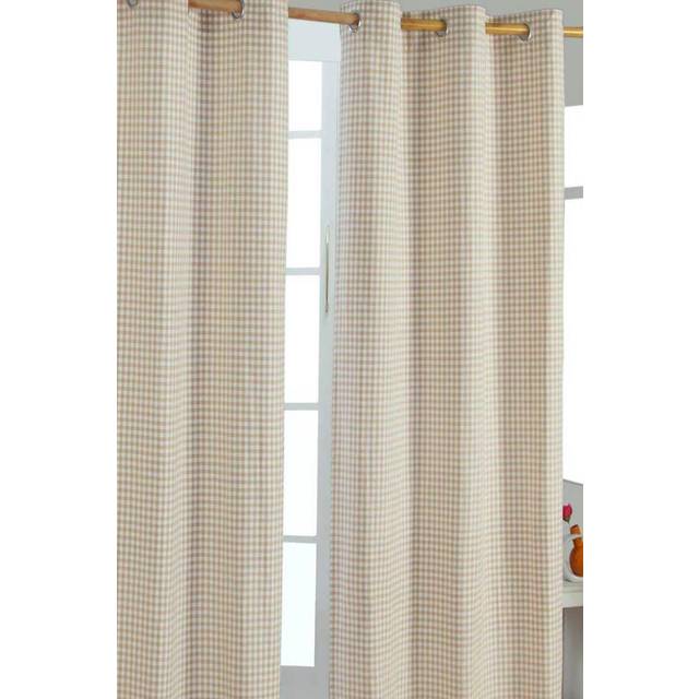 Cotton Gingham Check Beige Ready Made Eyelet Curtains 117 x 137 cm - Natural
