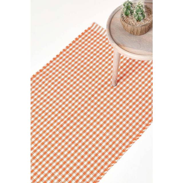 Cotton Gingham Check Hall Runner Hand Woven Orange White, 66 x 200 cm