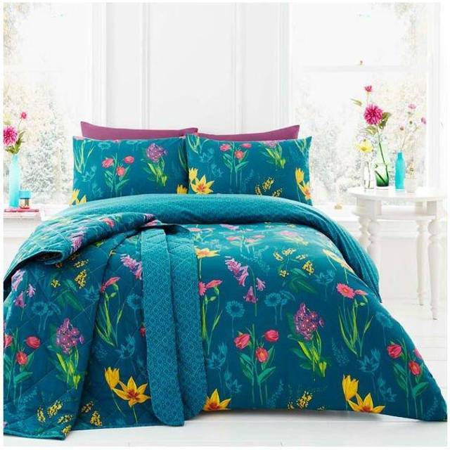 Ingrid Colourful Flower Bouquets Face and Geometric Duvet Cover Set - Teal (Double - 2 Standard Pillowcases)
