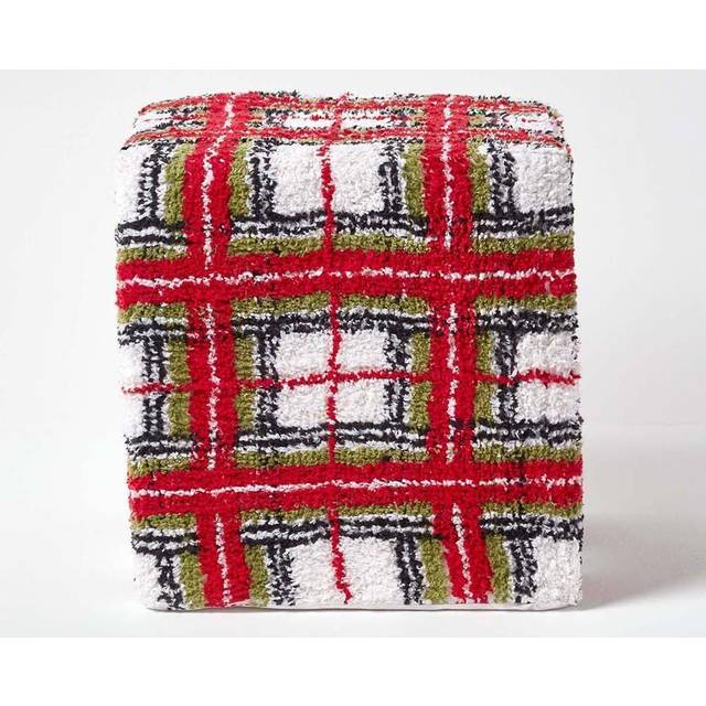 Red and White Tartan Pattern Tufted Cotton Cube Pouffe 36 x 36 x 38 cm