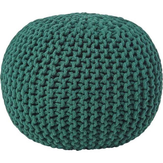 Homescapes Green Knitted Cotton Pouffe Footstool Round 35 x 40 cm