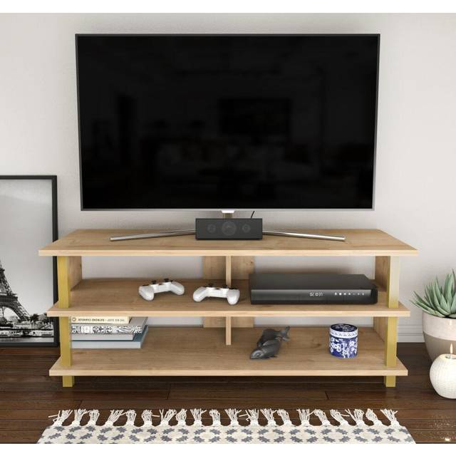 Pueblo Modern TV Unit TV Stand with Shelves - Gold&Oak - Yellow