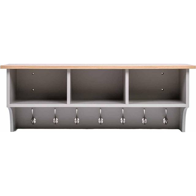 Charnwood Floating Storage Shelf with Metal Hooks and Three Storage Cubbies 15.5 kg Grey