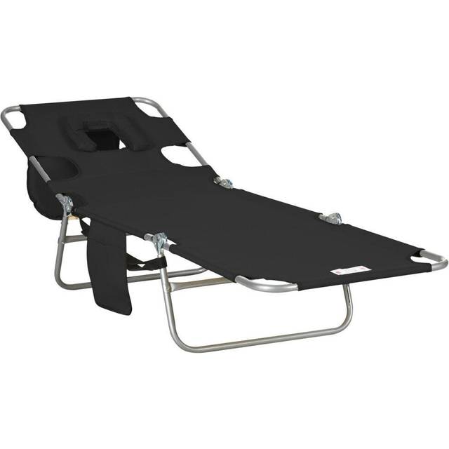 Outsunny Foldable Sun Lounger, Beach Chaise Lounge With Reading Hole, Arm Slots, 5-position Adjustable Backrest, Side Pocket, Pillow For Patio Black