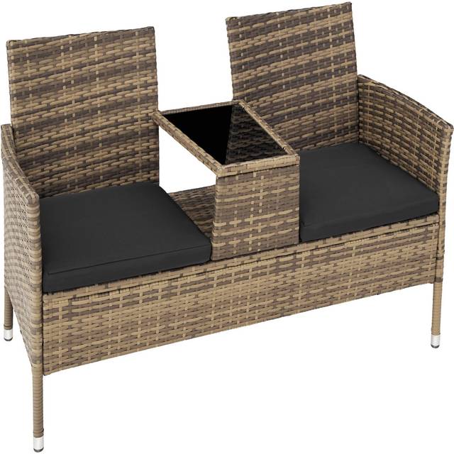 Garden Bench Narbonne - 2-seater with table, weather-resistant polyrattan - nature/dark grey