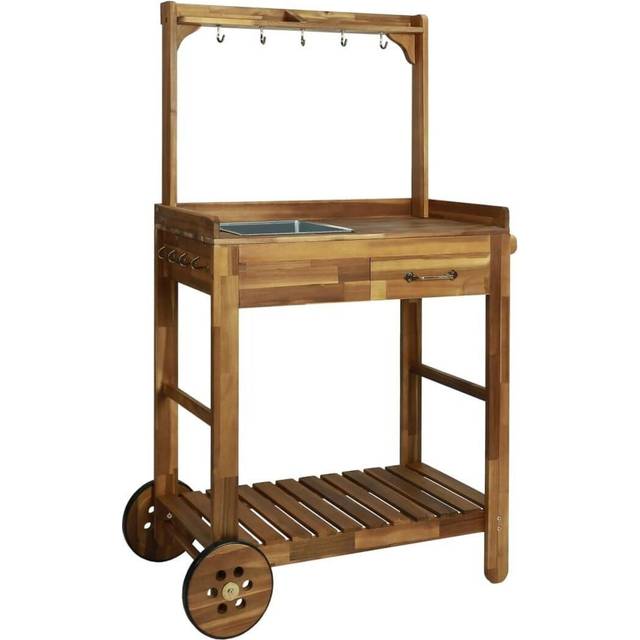 vidaXL Solid Acacia Wood Garden Kitchen Trolley 92x43.5x141.5cm Storage Rack