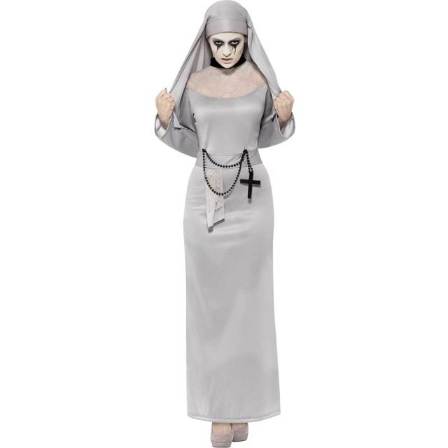 Womens halloween nun long gothic scary grey fancy dress party costume