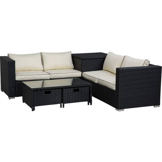 Outsunny 4pc Rattan Sofa Storage & Table Set w/ 2 Drawer Coffee Table - Black, Black