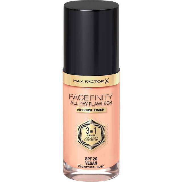 Max Factor Facefinity All Day Flawless foundation – korrigerare, flytande foundation och 3-i-1 ansiktsprimer, vegansk formel, modulärt lock, 30 timmars tätning, SPF20 – C50 Natural Rose, 30 ml