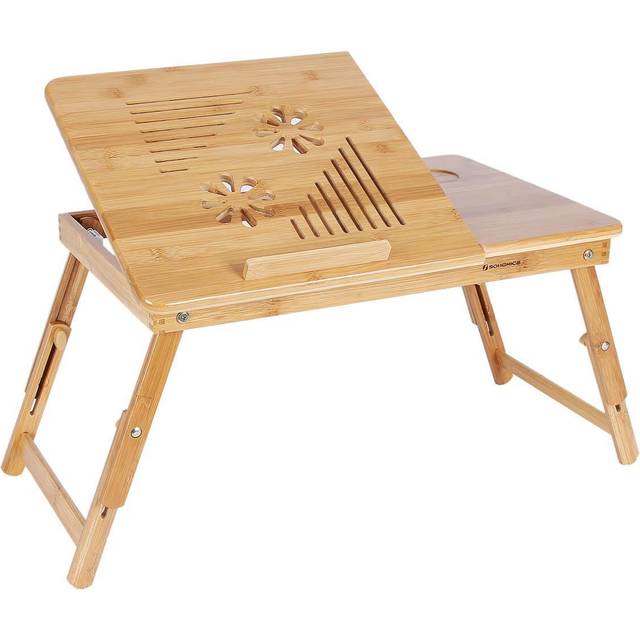 SONGMICS Bamboo Laptop Desk, Foldable Bed Table, Height Adjustable Sofa Tray, With 5 Tilting Angles, Air Holes, Small Drawer, 55 X 35 X (21 - 29) Cm